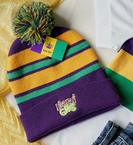 MARDI GRAS BEANIE WITH POM POM