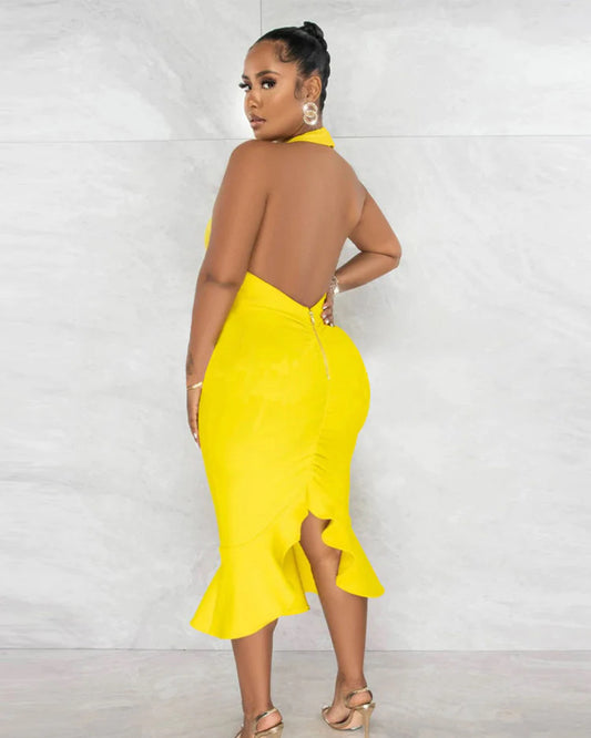 LADIES YELLOW HALTER COCKTAIL DRESS