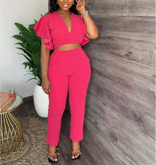 LADIES PINK 2 PIECE HIGH WAISTED WIDE LEG TWO PIECE