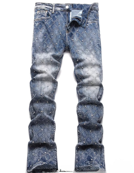 Men's Rhinestone Skinny Stacked Straight Leg Slim Fit Vintage Rock Biker Jeans