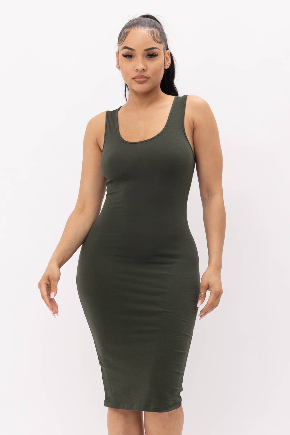 Julia by LoveJ - Cotton Spandex Solid Sleeveless Tank Bodycon Midi Dress
