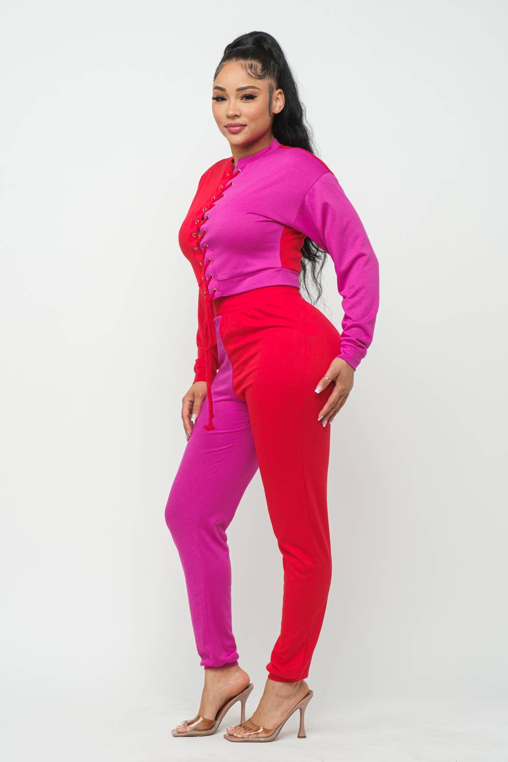 Julia by LoveJ - Color Block Eyelet Cross Tie Top And Pants Set