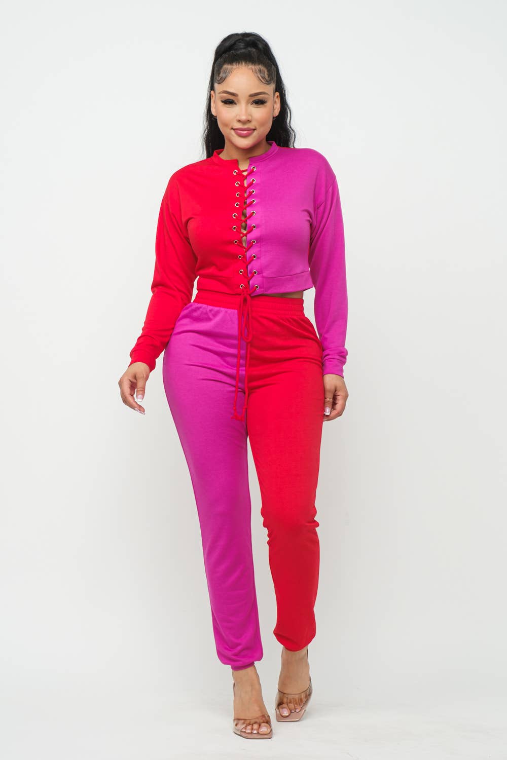 Julia by LoveJ - Color Block Eyelet Cross Tie Top And Pants Set