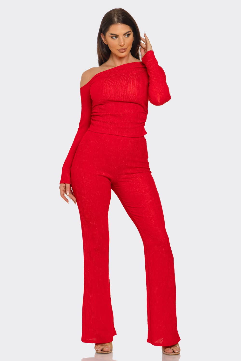 Julia by LoveJ - Asymmetrical Shoulder Shirring Top And Pants Set