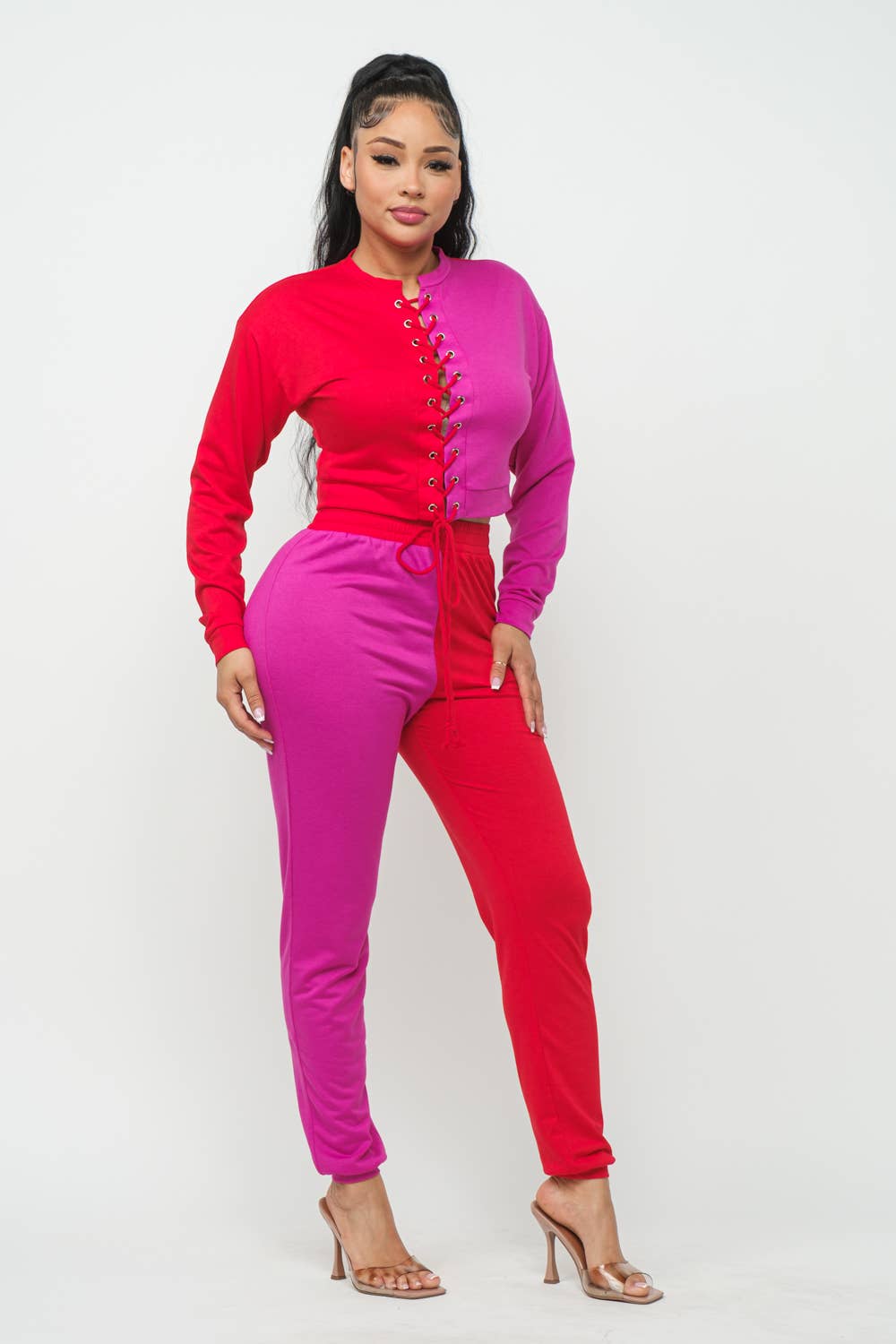 Julia by LoveJ - Color Block Eyelet Cross Tie Top And Pants Set