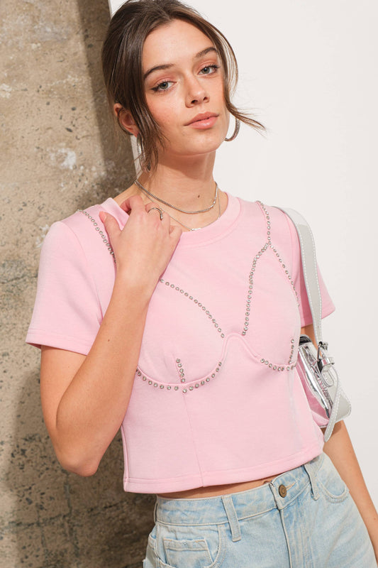 JocMyStyle Pink Breast Cancer Bustier Cup Crystals Crop T Shirt