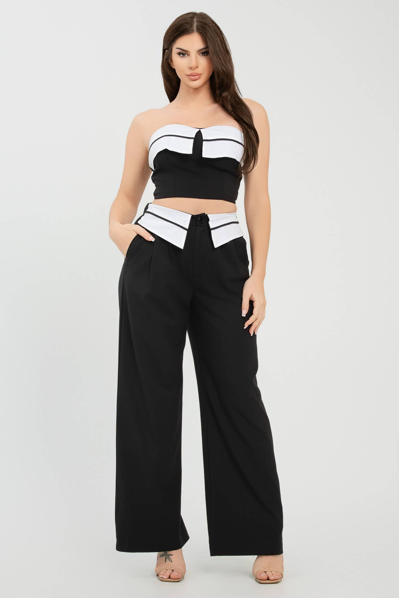 Julia by LoveJ -  Front Fold-Over Color Contrast Top And Pants Set