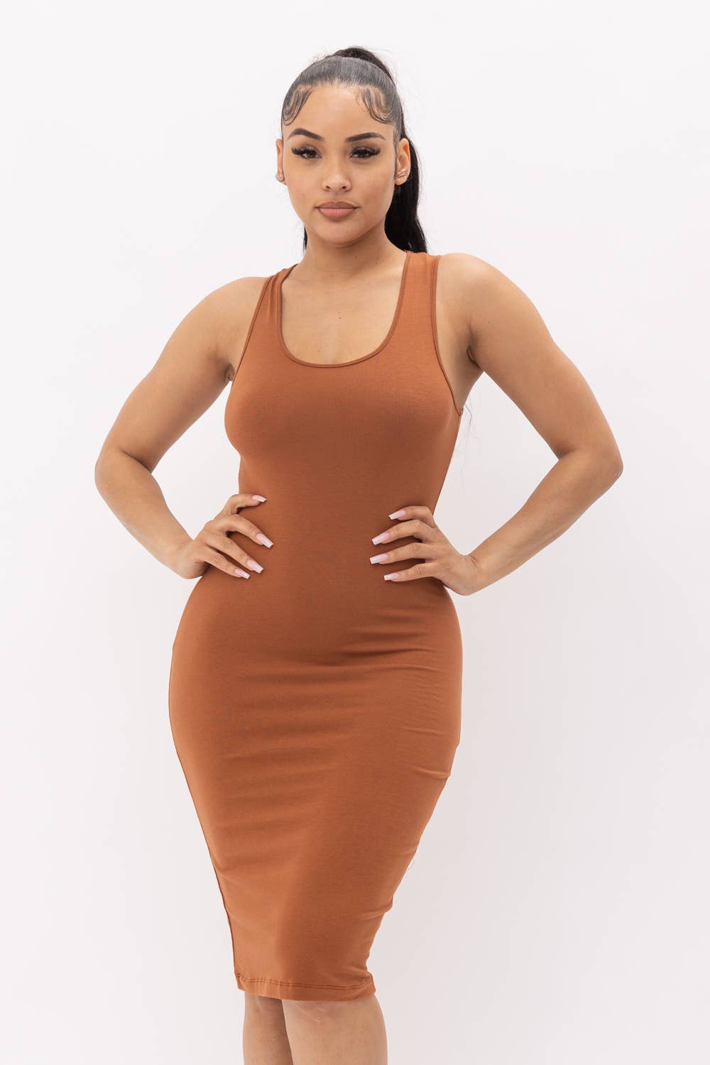 Julia by LoveJ - Cotton Spandex Solid Sleeveless Tank Bodycon Midi Dress