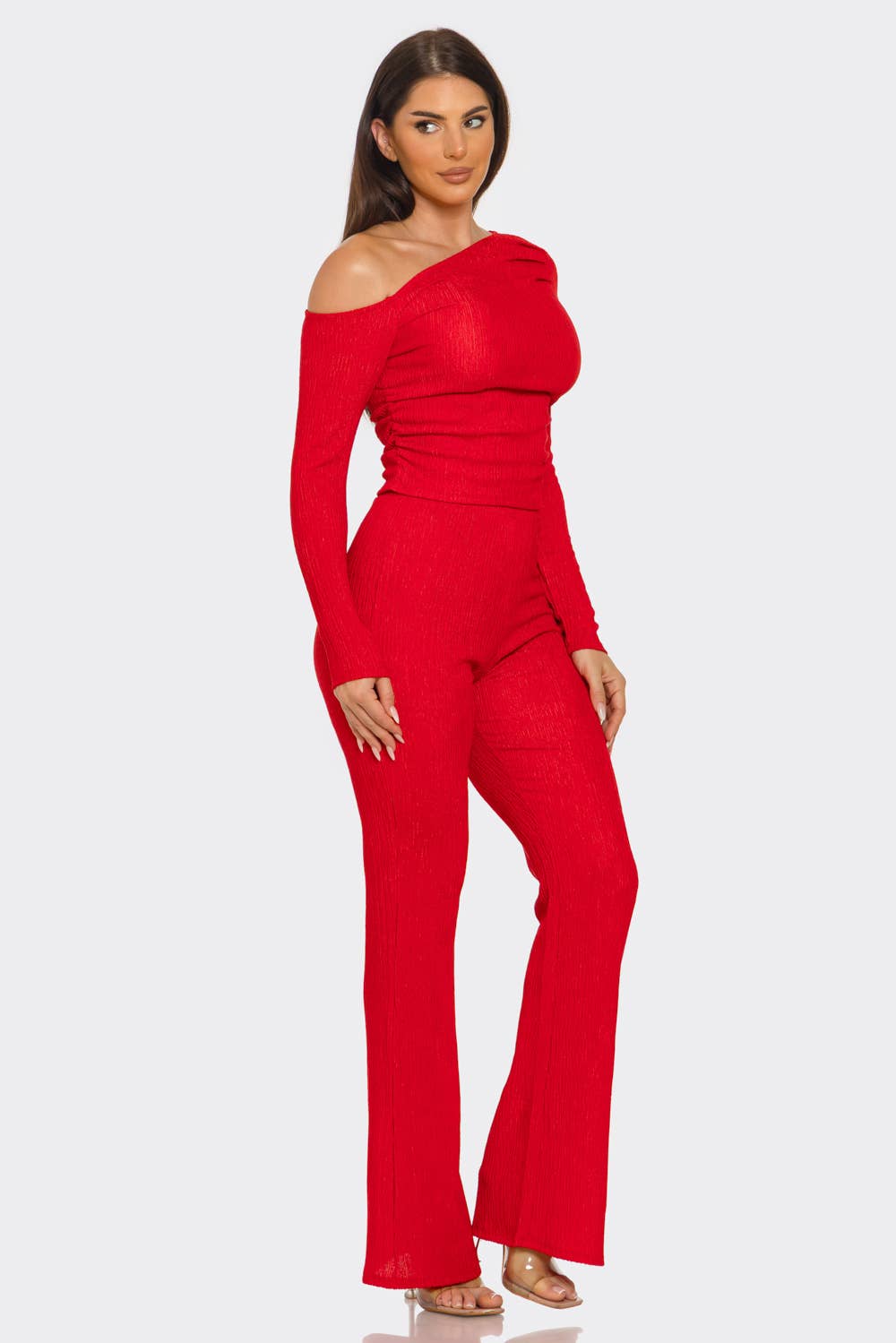 Julia by LoveJ - Asymmetrical Shoulder Shirring Top And Pants Set