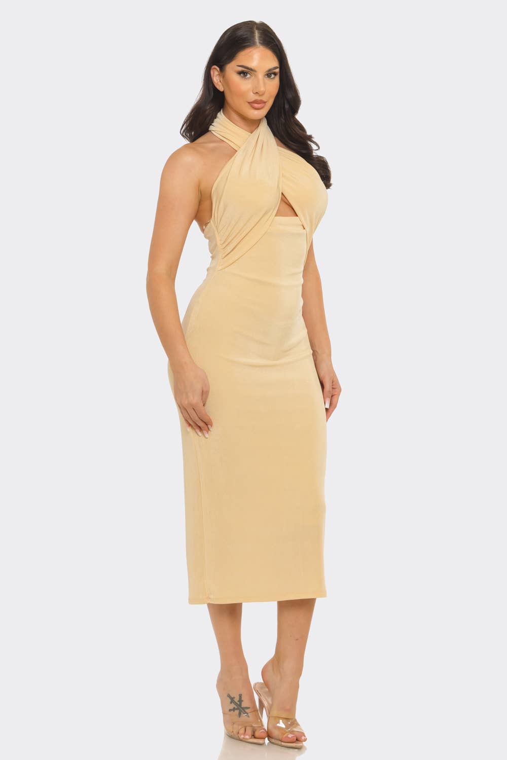 Julia by LoveJ - Front Halter Neck Back Hook Tie Open Back Midi Dress